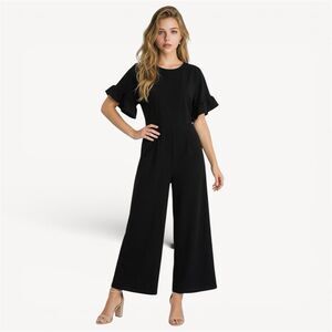 Women’s Black Wide Leg Jumpsuit Size XL 12 Ruffle Short Sleeves Back Zip